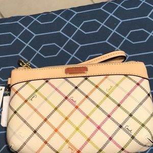 Coach leather wristlet, multi color with cream color inside and pocket